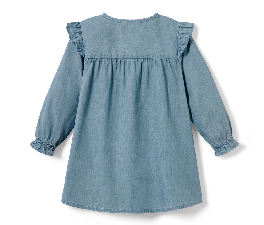 Blaues Baby-Denimkleid mit langen Ärmeln und Rüschen.