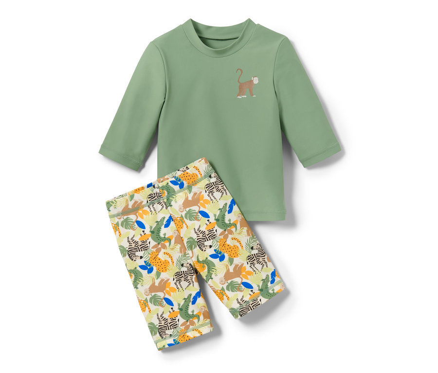 Grünes Kleinkind-Kombi mit UV-Schutz 80: Langarmshirt mit Affen-Motiv und bedruckte Leggings.