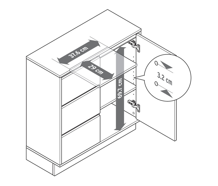 Skizze eines weißen Bad-Sideboards mit hervorgehobenen Abmessungen.