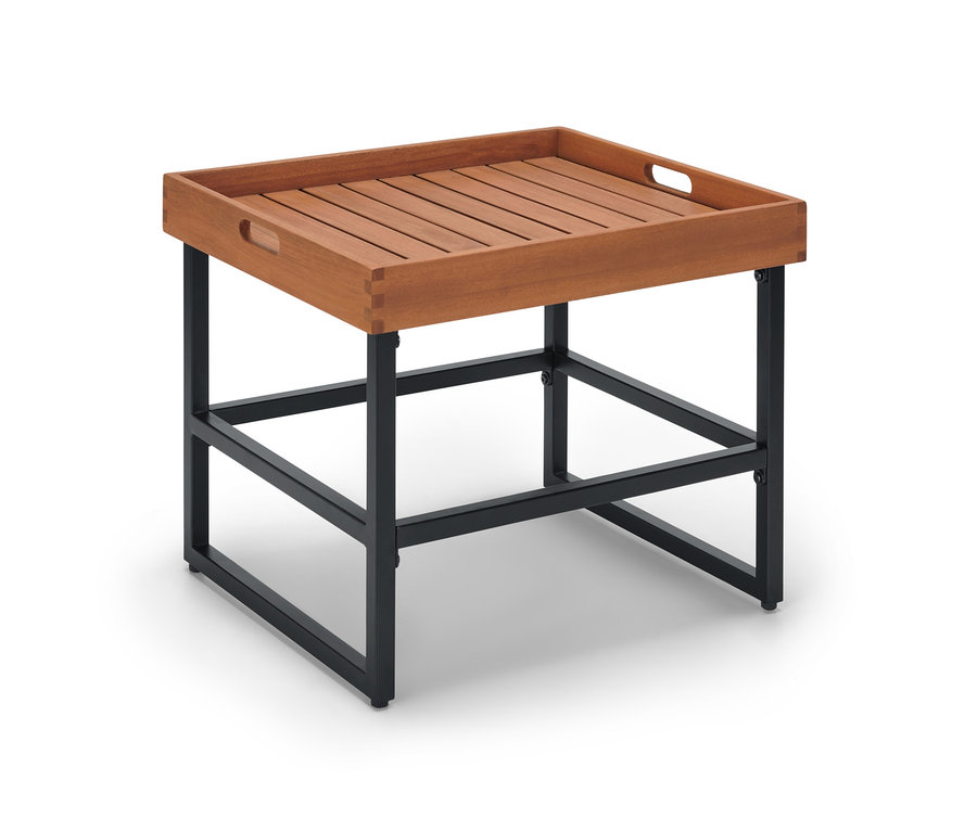 Brauner Couchtisch mit abnehmbarer Tablett-Tischplatte und schwarzem Metallgestell.