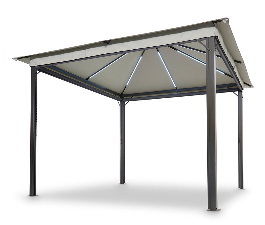 Leco Solarpavillon, ca. 300 x 300 cm mit grauem Stoffdach und dunkelgrauen Metallbeinen.