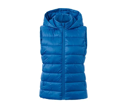 Blaue Steppweste mit Kapuze.
