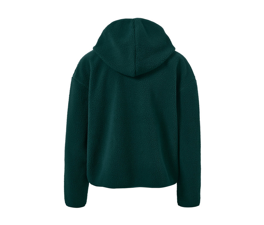Dunkelgrüner Teddy-Kapuzenpullover von hinten.
