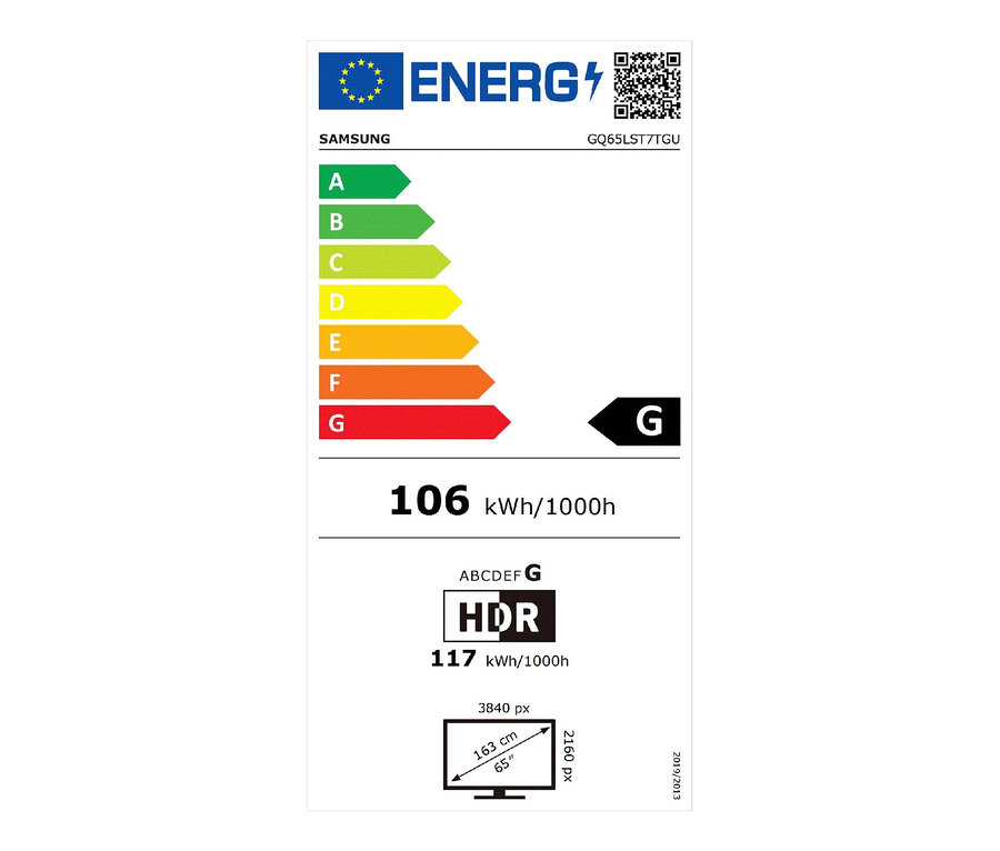 Energielabel des Samsung The Terrace GQ65LST7TGUXZG QLED-4K-Outdoor-TV. Energieeffizienzklasse G.