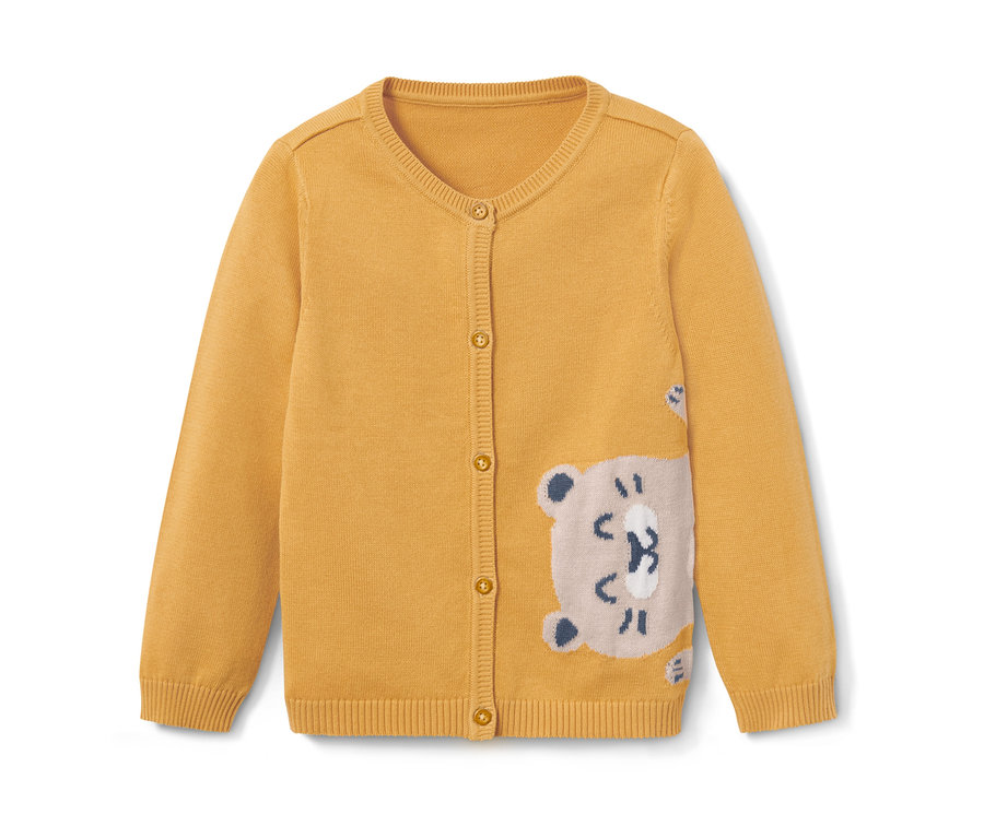 Gelbe Kleinkind-Strickjacke mit Otter-Motiv.
