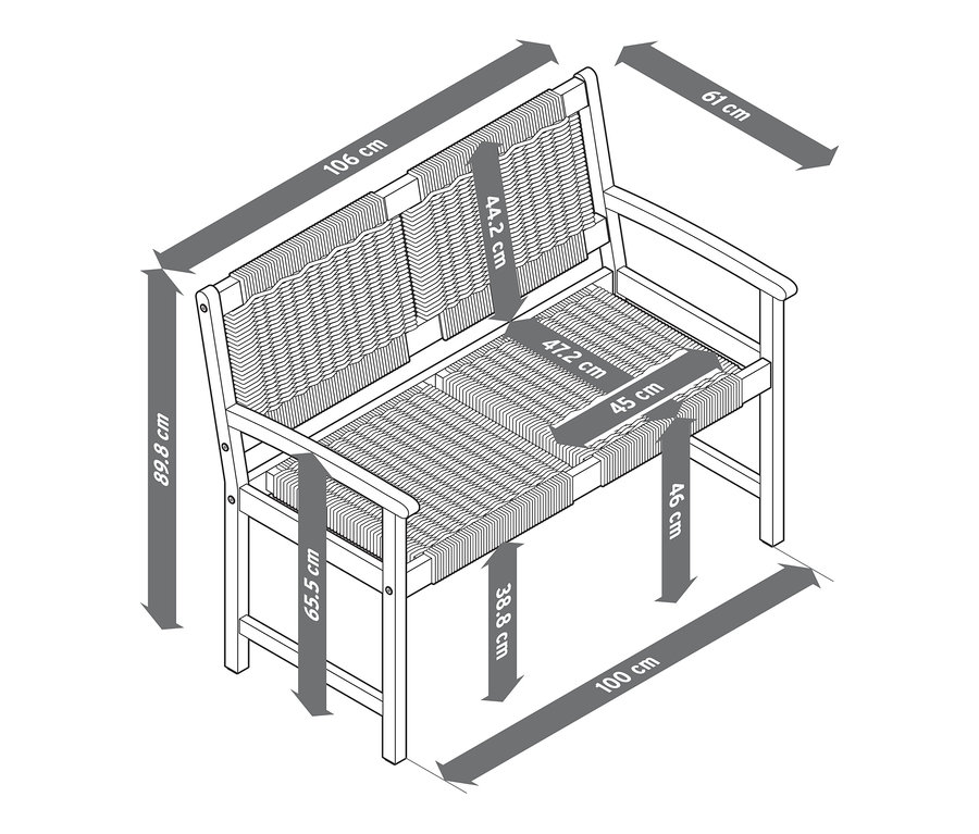 Abmessungen der Gartenbank mit Rattan-Geflecht.
