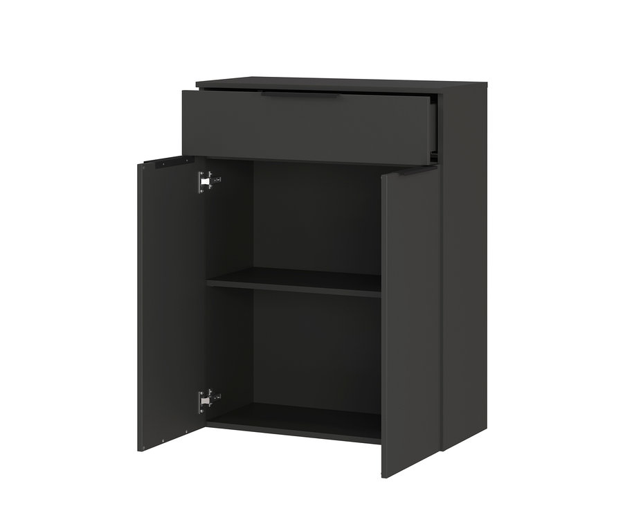 Eine schwarze Dalvik Kommode mit offenen Türen und einer Schublade.