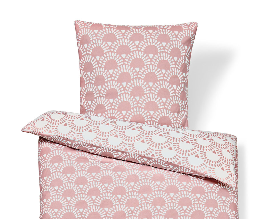 Rosa Jersey-Bettwäsche in Normal- und Übergröße mit weißem Muster.
