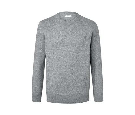 Grauer Pullover mit Rundhalsausschnitt.