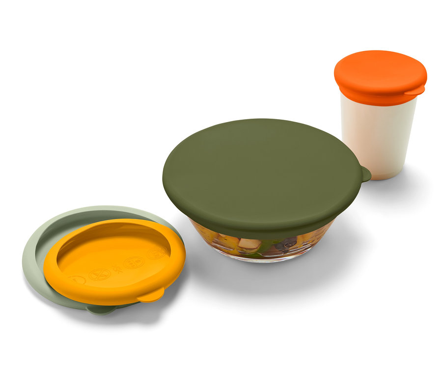 Ein Set aus 4 Silikon-Frischhaltedeckeln in verschiedenen Farben auf einem weißen Hintergrund.