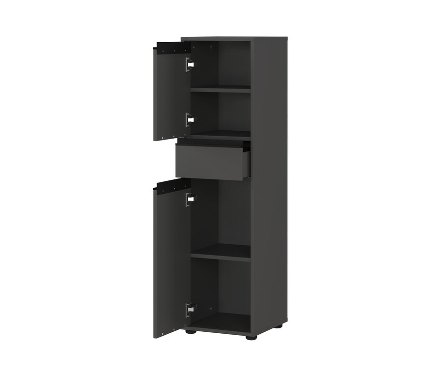 Graphitfarbener Badschrank »Lemont« mit offenen Türen und Schublade.