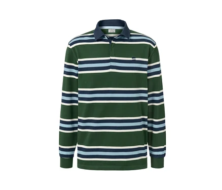 Ein grünes Langarm-Poloshirt mit horizontalen blauen und weißen Streifen.