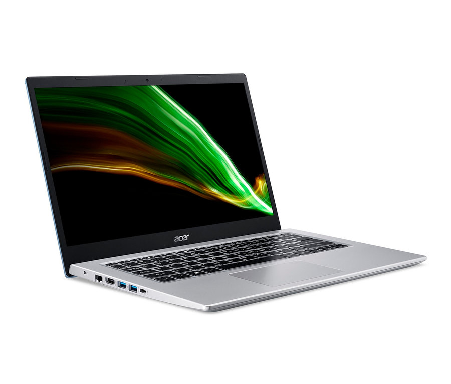 Detailansicht eines geöffneten blauen Acer Aspire A514-54-35WT Notebooks, dessen Bildschirm eine abstrakte Grafik anzeigt.
