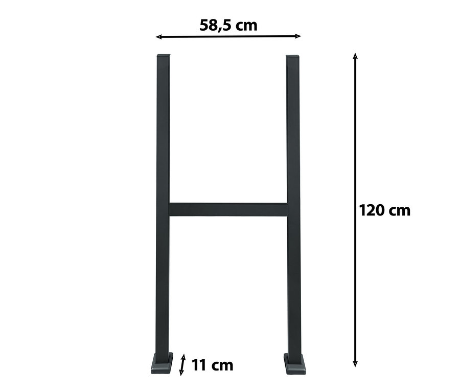 Abbildung einer Paketbox-Halterung "Luxury" mit den Maßen 58,5 cm x 120 cm x 11 cm.