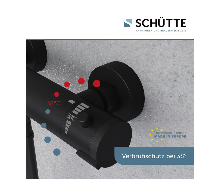 Detailaufnahme einer schwarzen Thermostat-Duscharmatur „London“ von Schütte, die auf die Funktion des Verbrühschutzes bei 38°C hinweist.