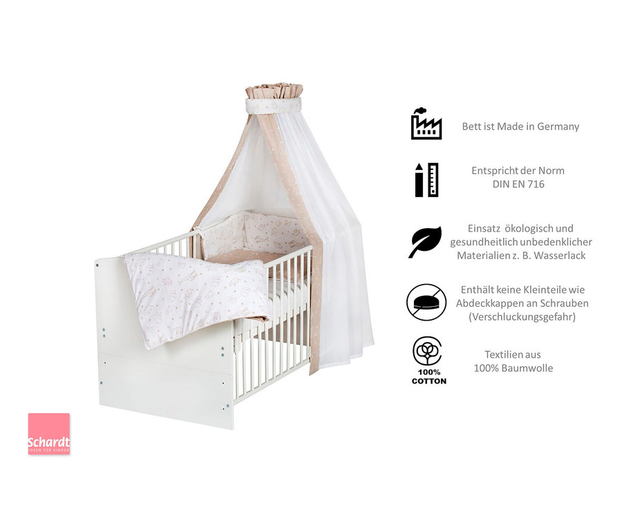 Weißes Schardt Babybett-Set »Classic«, ca. 70 x 140 cm, mit Himmel und Bettwäsche mit Aufdruck.