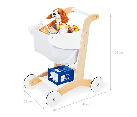 Pinolino Einkaufswagen »Erna«, weiß, gefüllt mit Spielzeug und Lebensmitteln.