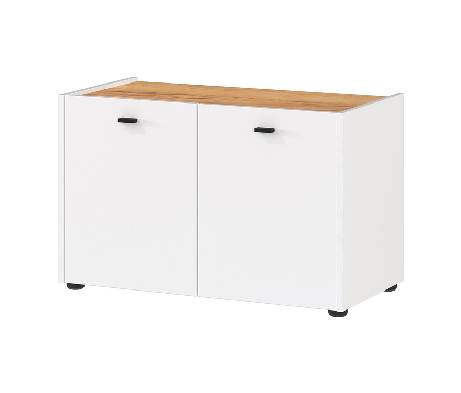 Ein weißer Schrank mit einer Holzplatte und zwei Türen, genannt Schuhbank »Lucena«.