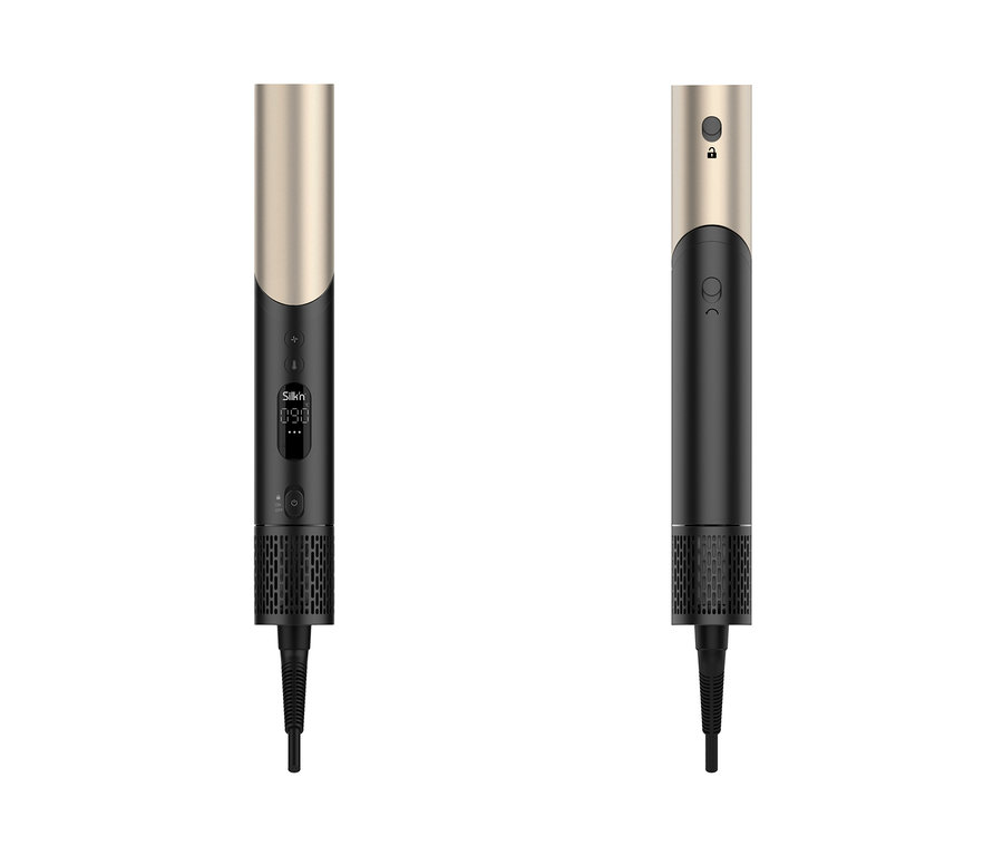 Zwei schwarze und goldene Silk'n Multihaarstyler »SilkyAirFlex« vor einem weißen Hintergrund.