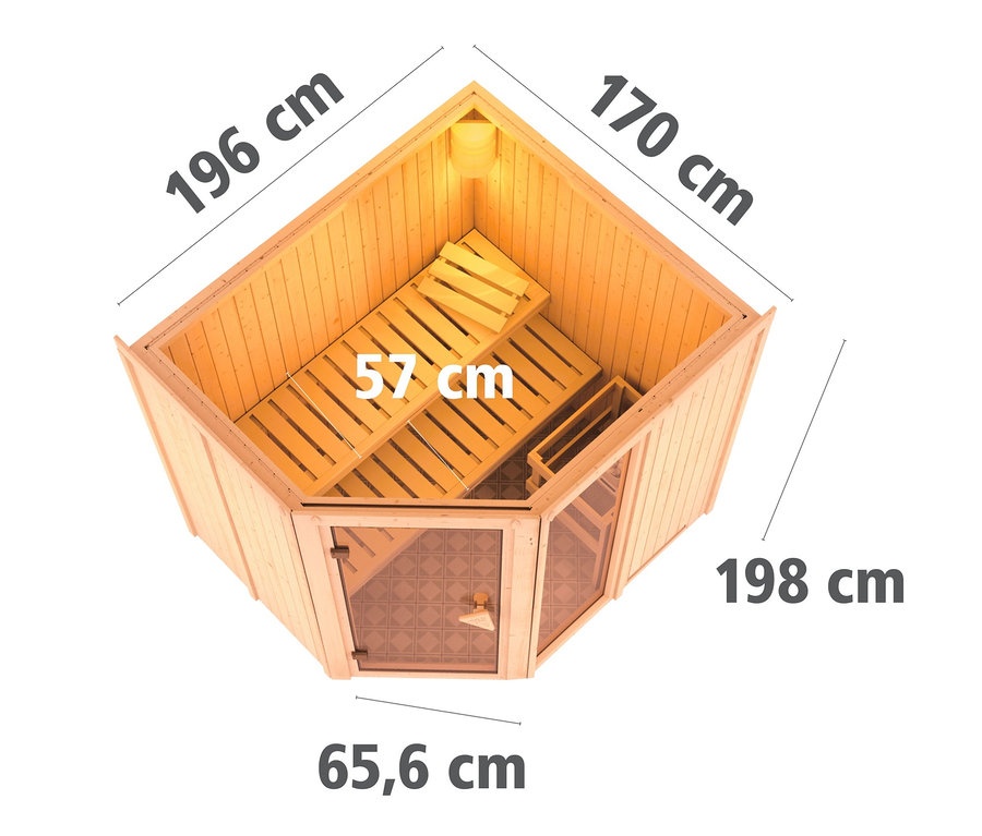 Draufsicht der Karibu Sauna »Amy 2« mit den Maßen 196 cm, 170 cm, 198 cm und 65,6 cm.