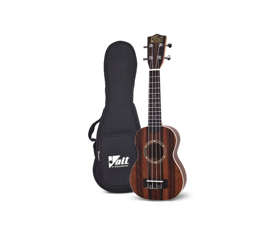 Ein braunes Voggenreiter Sopran Ukulele-Set »Zebrano« und eine schwarze Tasche.
