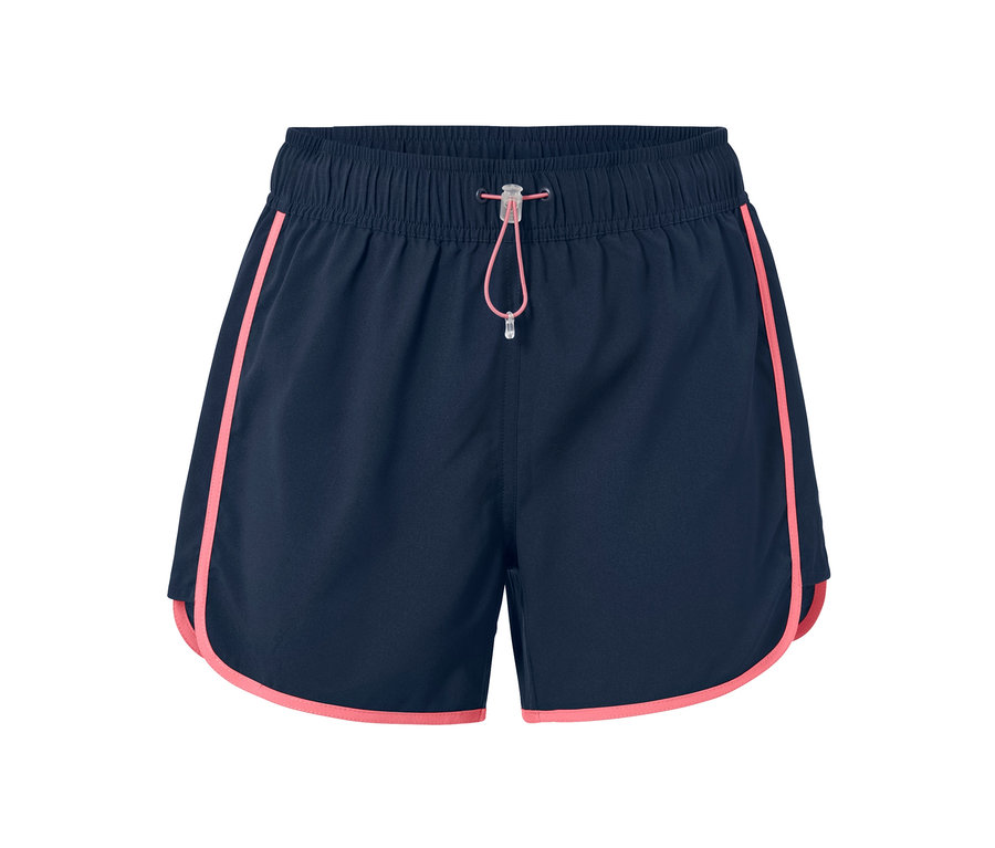 Dunkelblaue Badeshorts mit pinkfarbenen Paspeln.