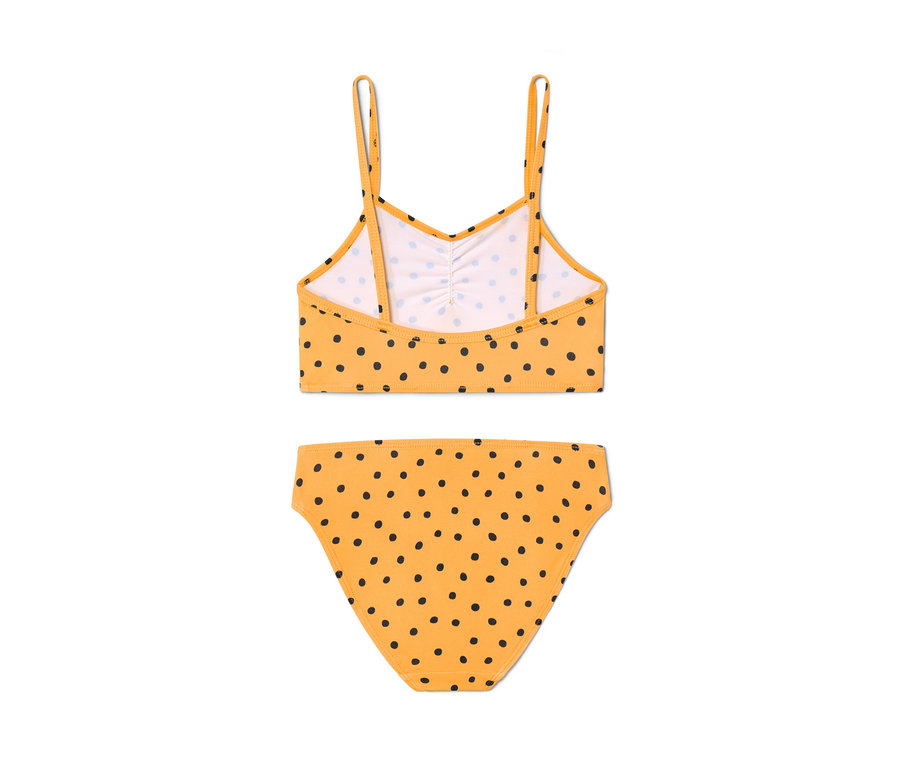 Gelbes Kleinkind-Bikini-Set, 4-teilig, mit schwarzen Punkten.