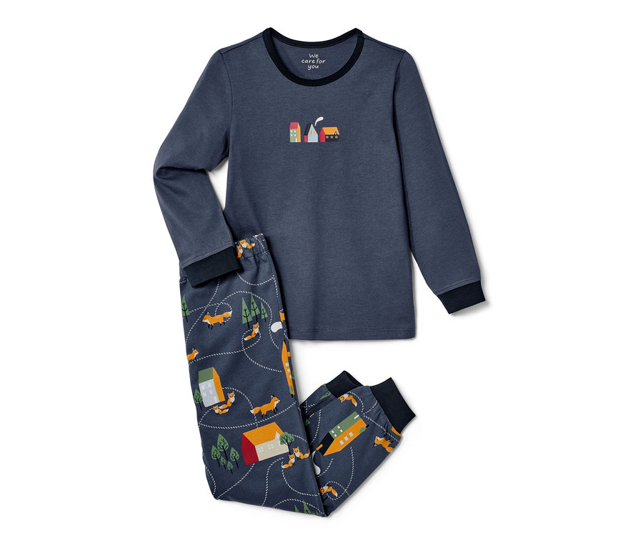 Blauer 2 Kleinkind-Pyjama mit Häusern und Füchsen.