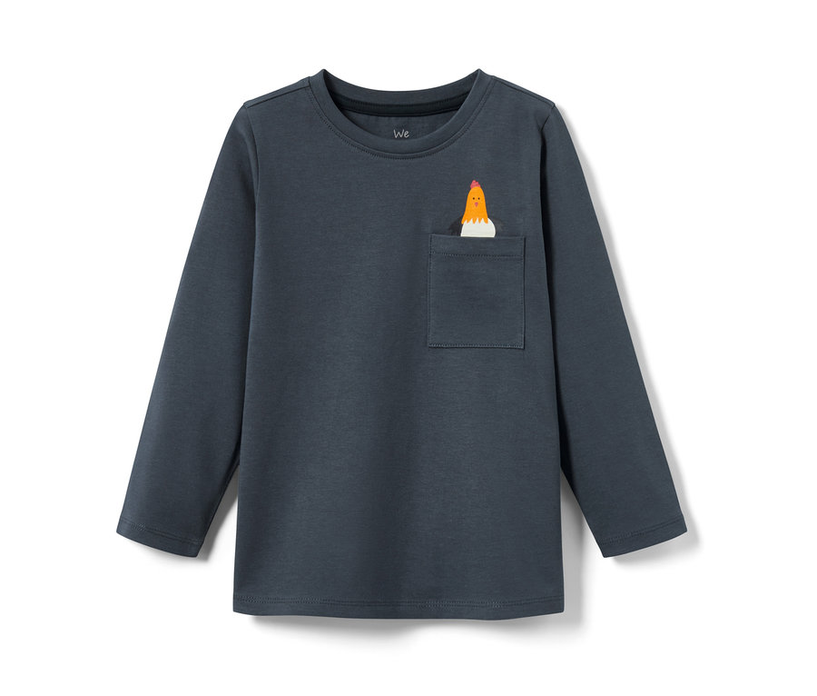 Dunkelblaues Kleinkind-Langarmshirt mit Hühnerapplikation in der Tasche. 2 Kleinkind-Langarmshirts.