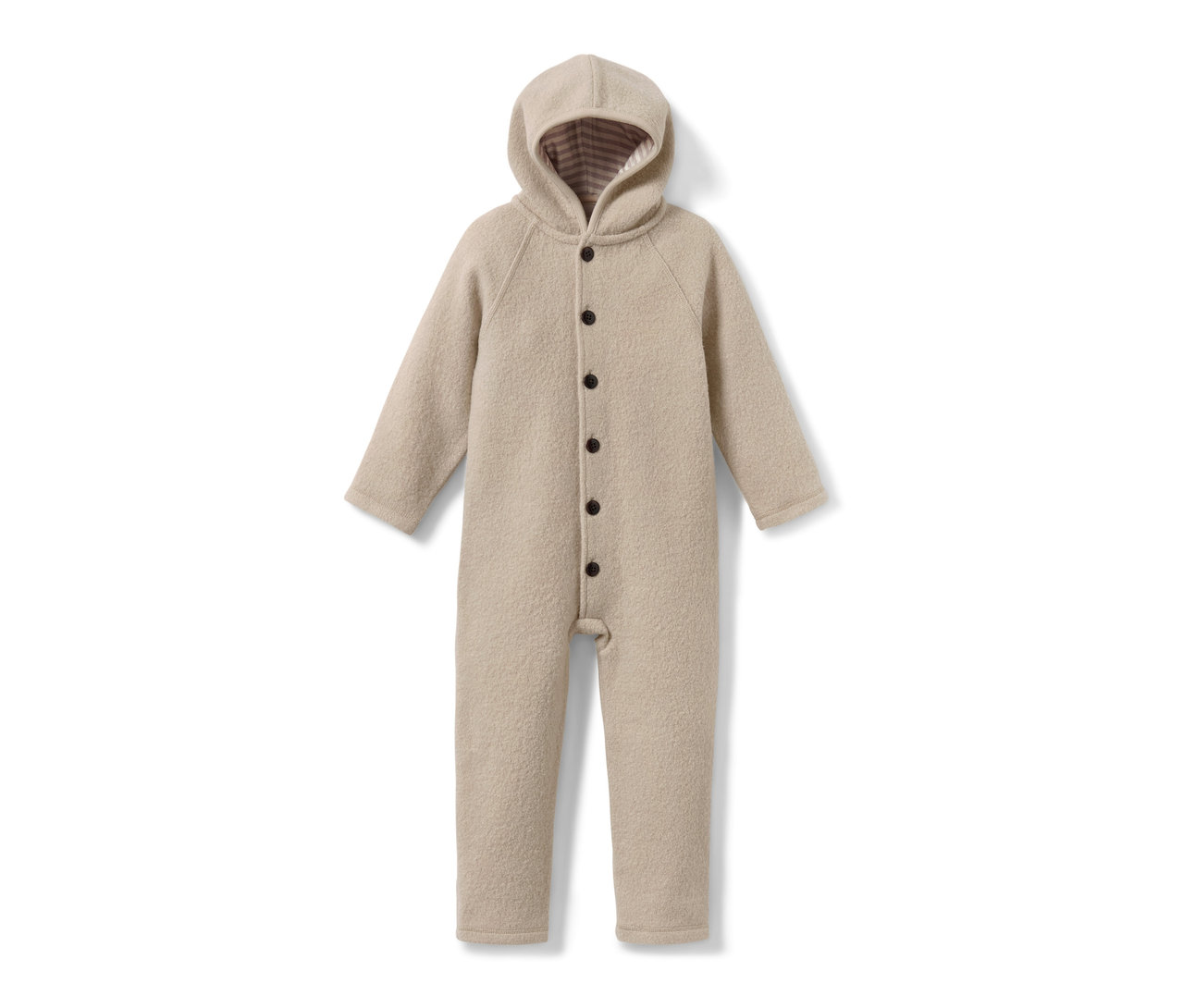 Beiger Baby-Merino-Walkoverall mit Kapuze und Knopfleiste.