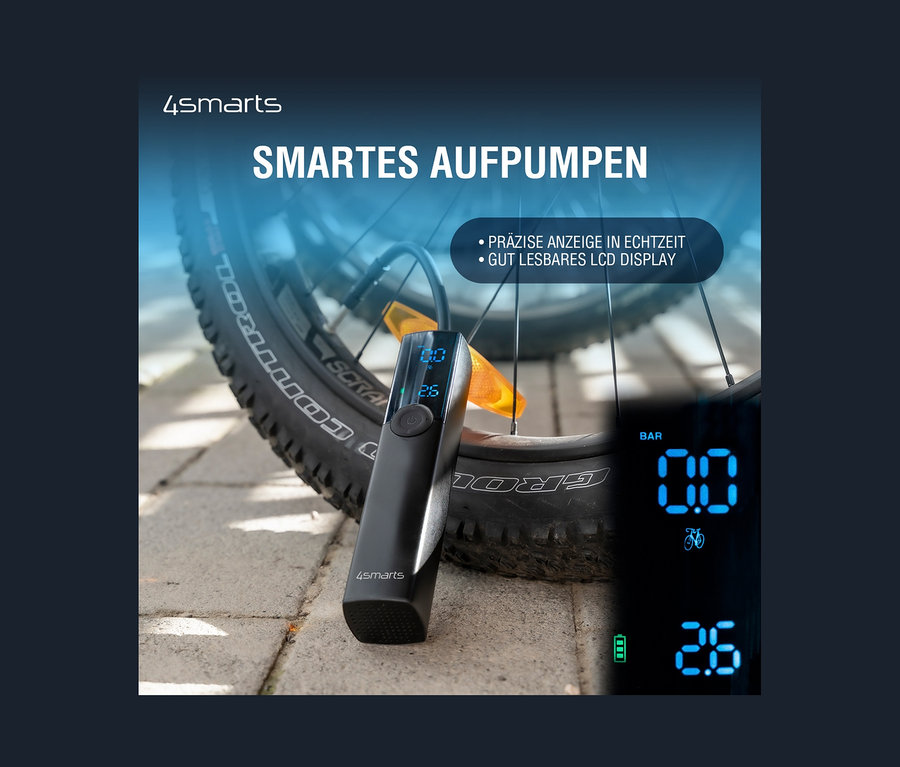 Nahaufnahme einer elektrischen Pumpe »VoltPump« vor einem Fahrradreifen.