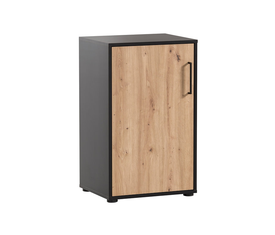 Grauer Aktenschrank Aino mit Holztür und schwarzem Griff.