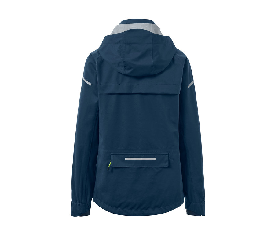 Dunkelblaue Rad-Regenjacke mit Kapuze und Reflektoren.