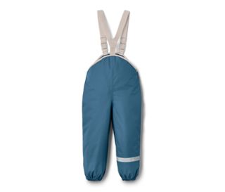 Blaue Kleinkind-Regenhose mit beigen Hosenträgern.