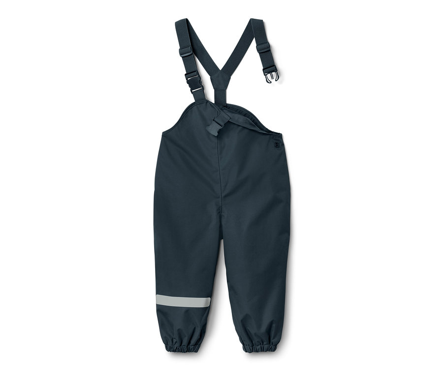 Dunkelblaue Kleinkind-Regenhose mit Latz und Reflexstreifen am Hosenbein.