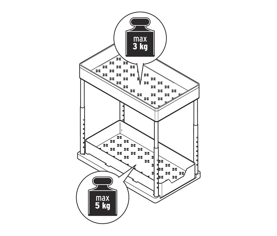 Abbildung eines höhenverstellbarer Schrankauszugs mit zwei Ebenen. Die obere Ebene hat eine Tragfähigkeit von maximal 3 kg, die untere Ebene maximal 5 kg.