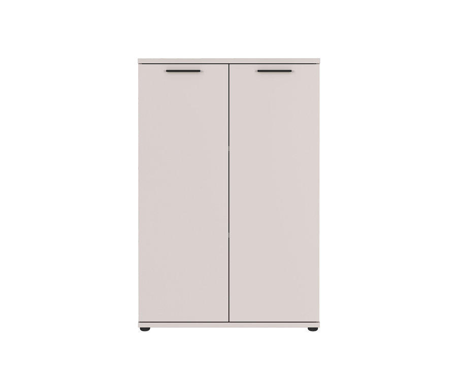 Ein blassgrauer Aktenschrank "Floda" mit zwei Türen und schwarzen Griffen.