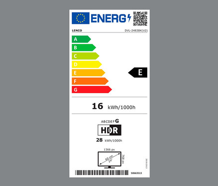 Energielabel des Lenco 24" HD LED-Fernsehers mit DVD-Player, Klasse E.