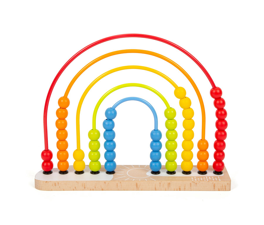 small foot Motorikschleife und Abakus-Regenbogen aus Holz mit bunten Perlen auf Drähten in Regenbogenform.