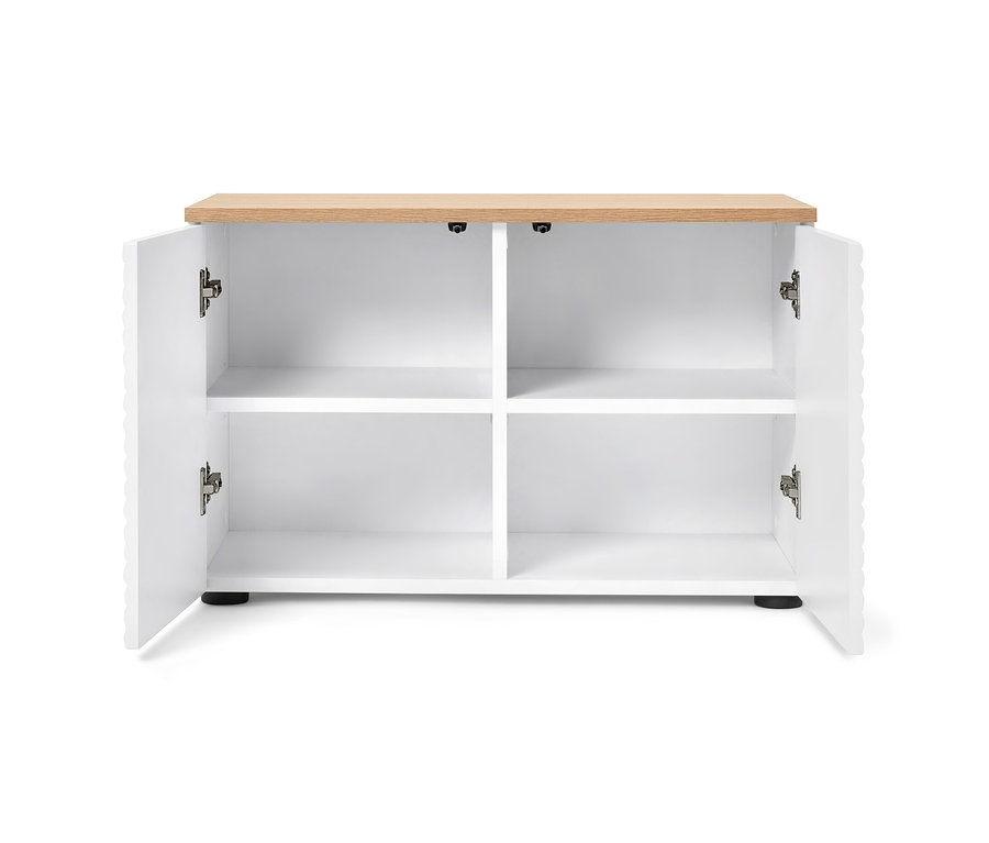 Eine offene, weiße Sitzbank mit Stauraum.