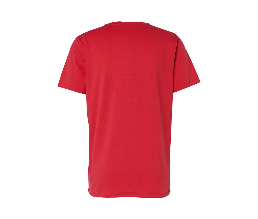 Rotes T-Shirt mit Print, von hinten gezeigt.