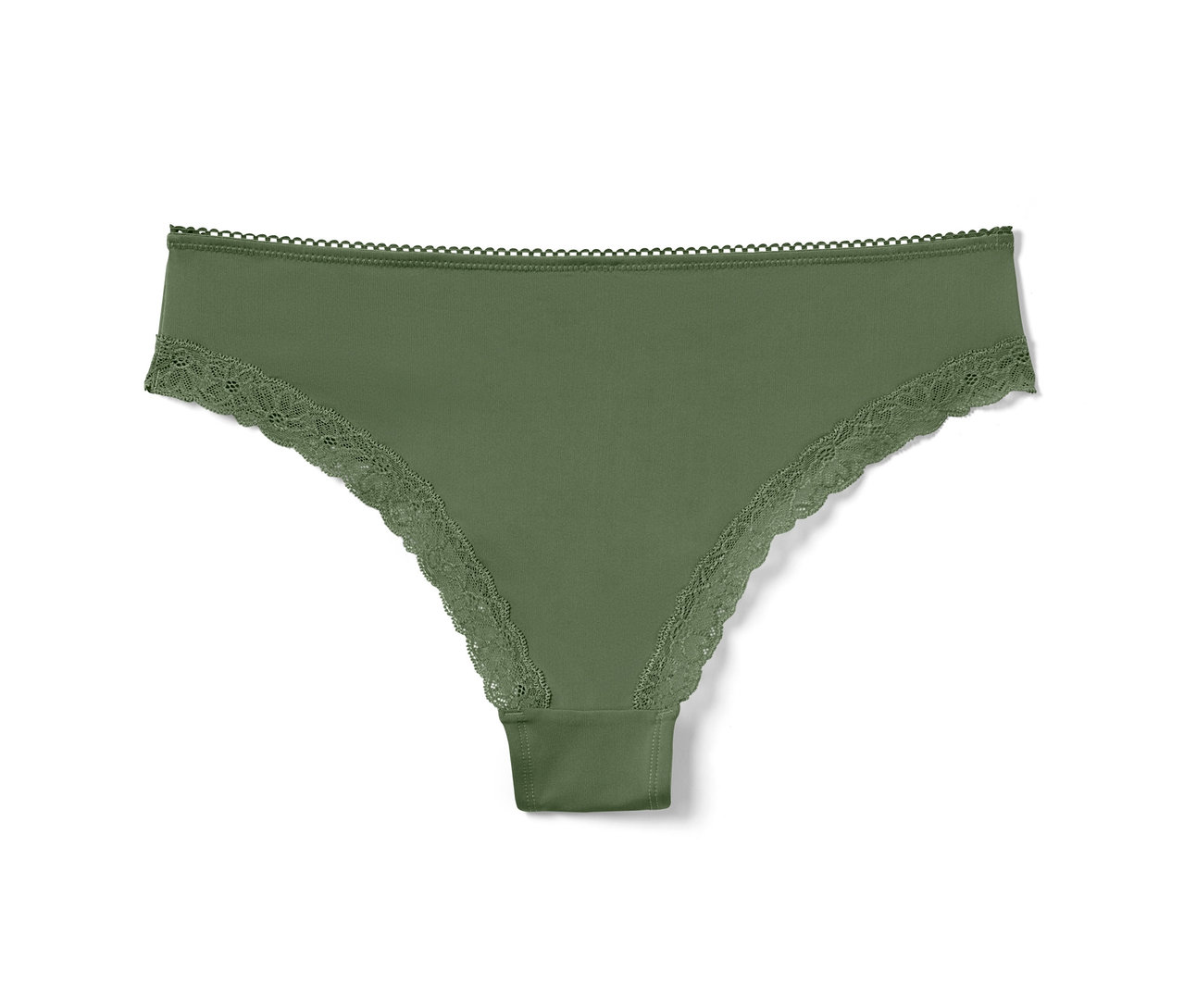 Ein olivgrüner Brazilslip mit Spitze.
