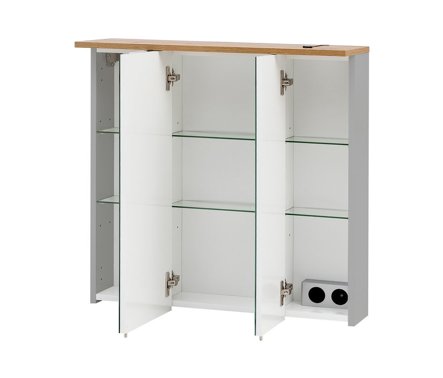 Geöffneter Spiegelschrank Jelda in Platingrau und Eiche-Dekor mit Glasböden.