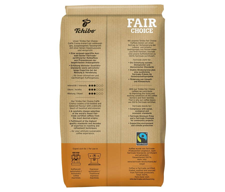 Eine Packung Fair Choice Caffè Crema Ganze Bohne.