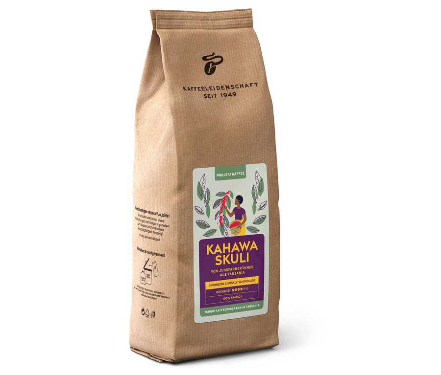 Eine 500g-Packung Projektkaffee Kahawa Skuli - Ganze Bohne.