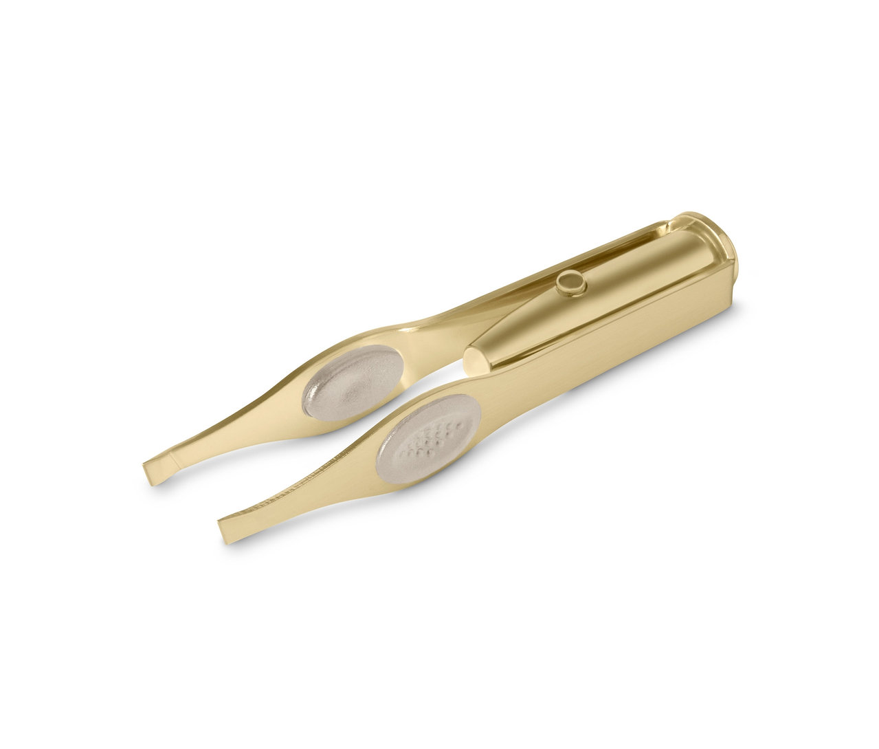 Eine goldene Pinzette mit LED-Beleuchtung liegt auf einem weißen Hintergrund.