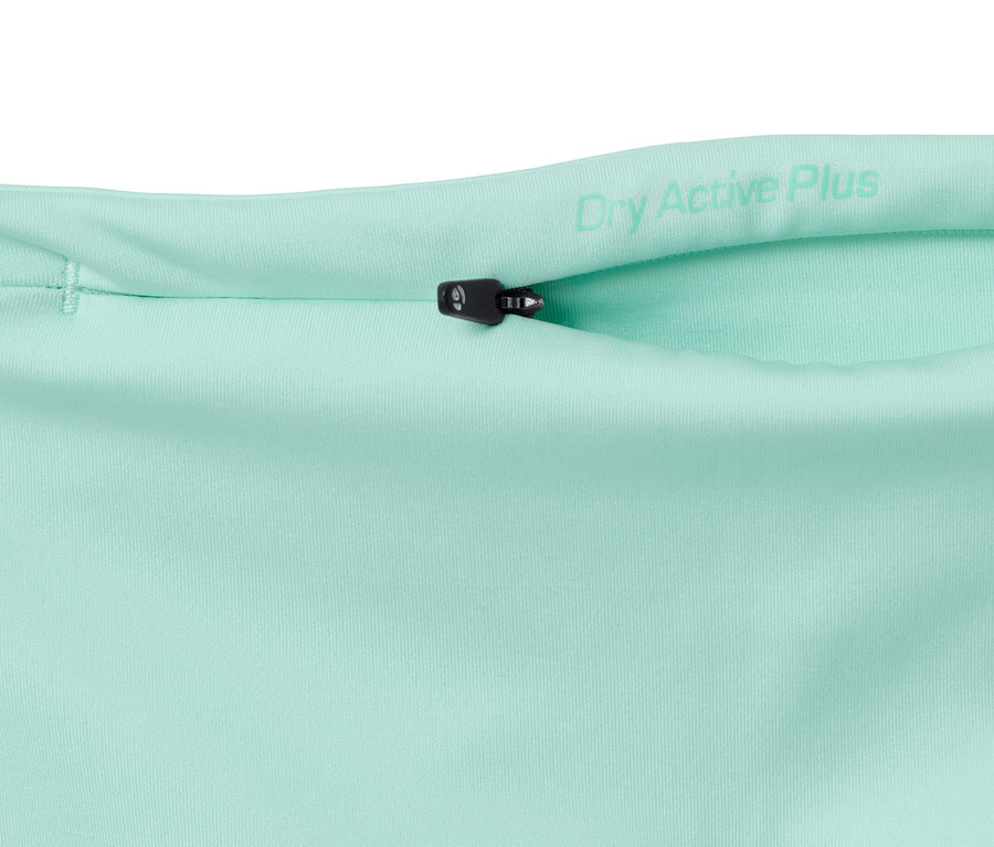 Detailaufnahme einer mintfarbenen 7/8-Sporttight mit 'Dry Active Plus'-Schriftzug und Reißverschluss.