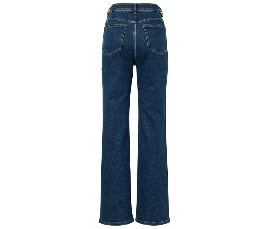 Rückansicht einer dunkelblauen High-Waist-Jeans.