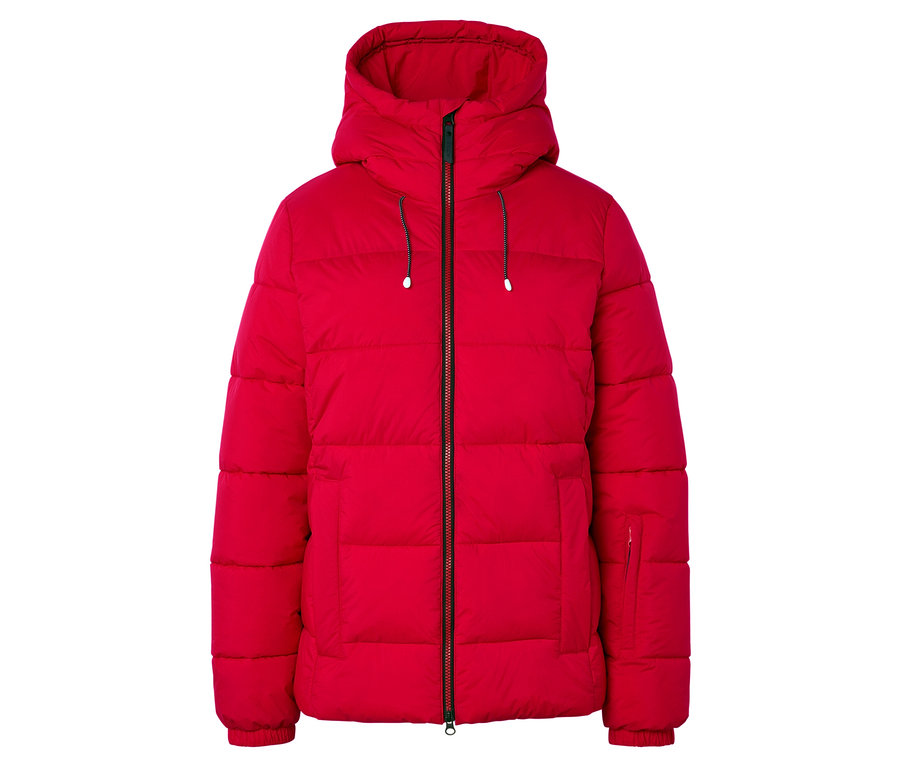 Rote Daunenjacke mit Kapuze und Reißverschluss.