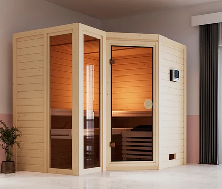 Karibu Sauna »Ayla«, Eckeinstieg im Badezimmer.